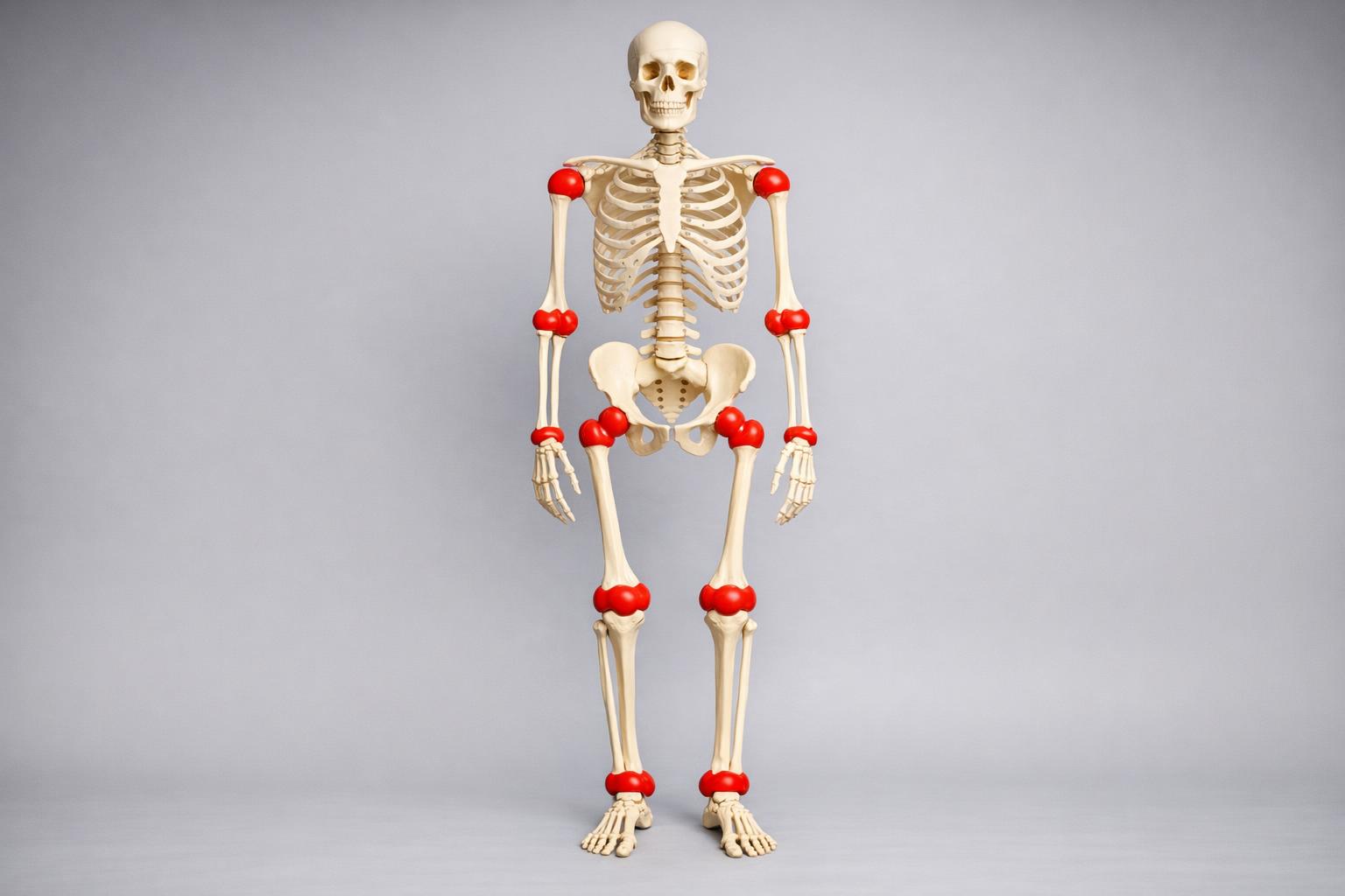 Model anatomiczny ludzkiego szkieletu z zaznaczonymi stawami