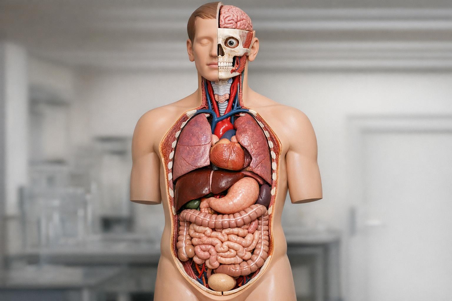 Zdjęcie realistycznego modelu anatomicznego człowieka z widocznymi narządami wewnętrznymi